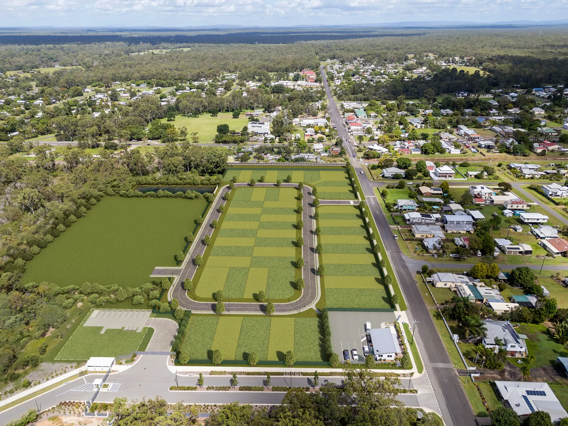 Aerial view of a residential subdivision plan beside a town