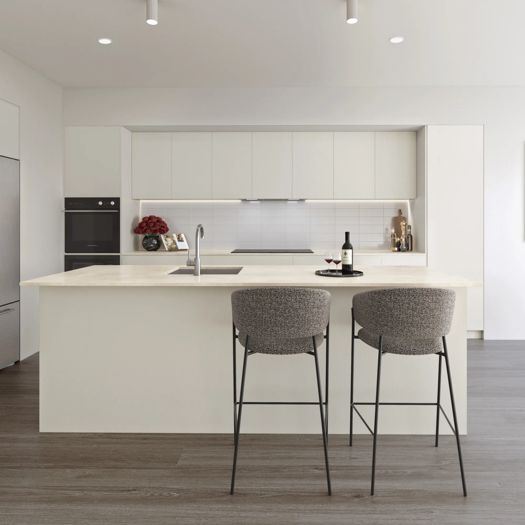 Kitchen Finish Options: White kitchen with a stone-topped island and grey stools