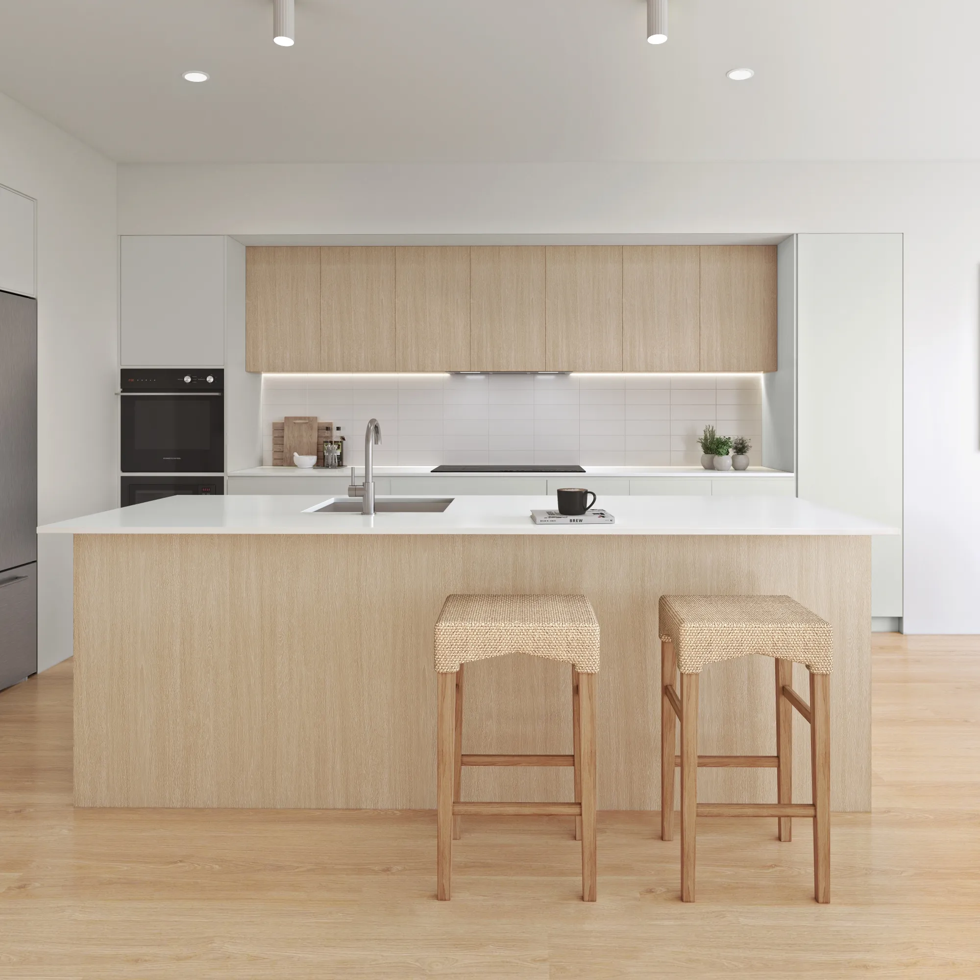 Kitchen Finish Options: Kitchen with timber cabinetry, a white benchtop and rattan stools