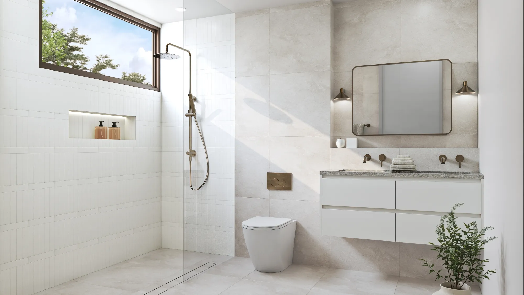 Ensuite with a round mirror, floating vanity and brass tapware