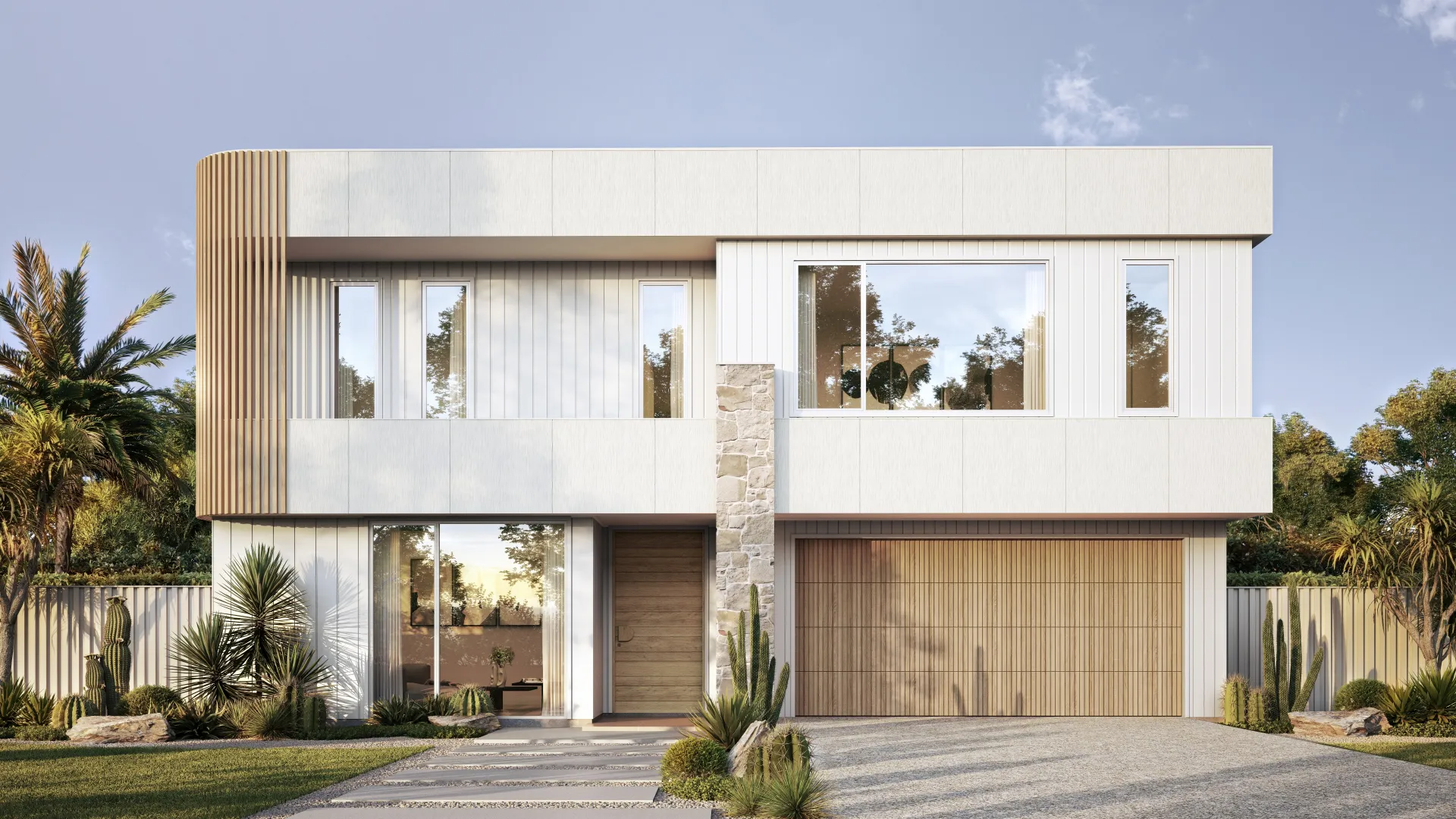 Two-storey modern home with timber battens, stone and white panels