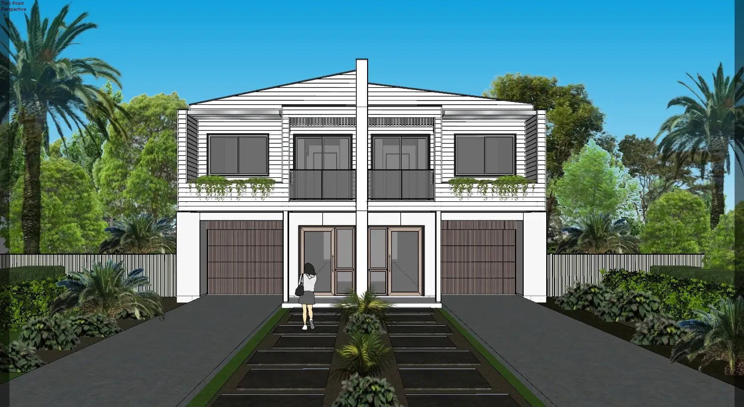 Coastal-style two-storey duplex with a central gable — architectural visualisation by Aurum Render