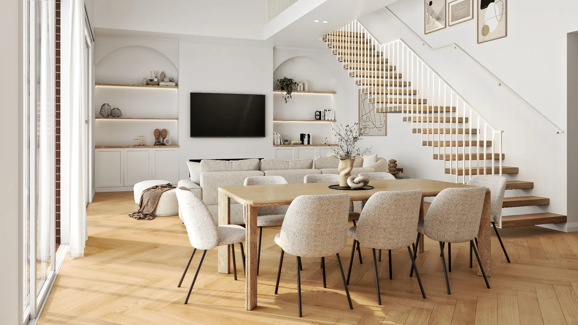 Open-plan living and dining room with a timber staircase
